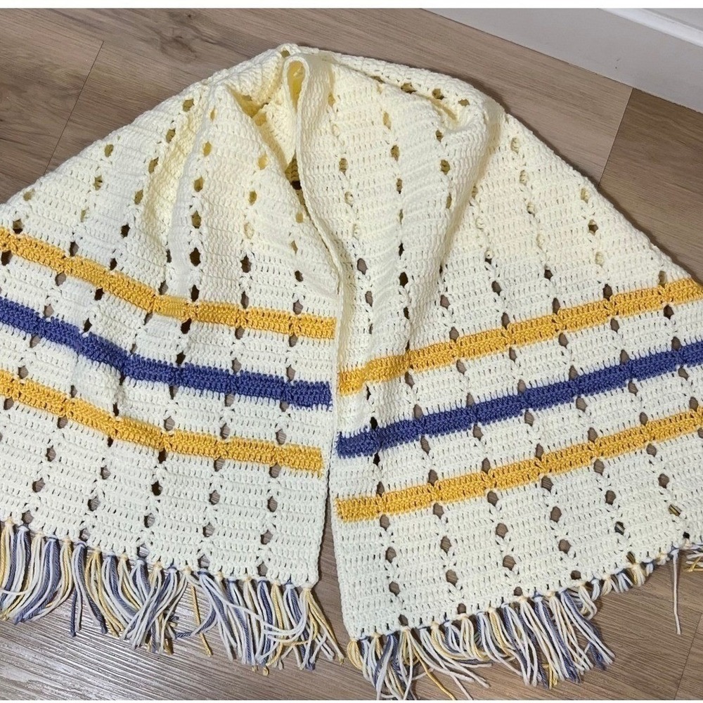 Hand-crocheted Cream Scarf Yellow and Purple with Fringe